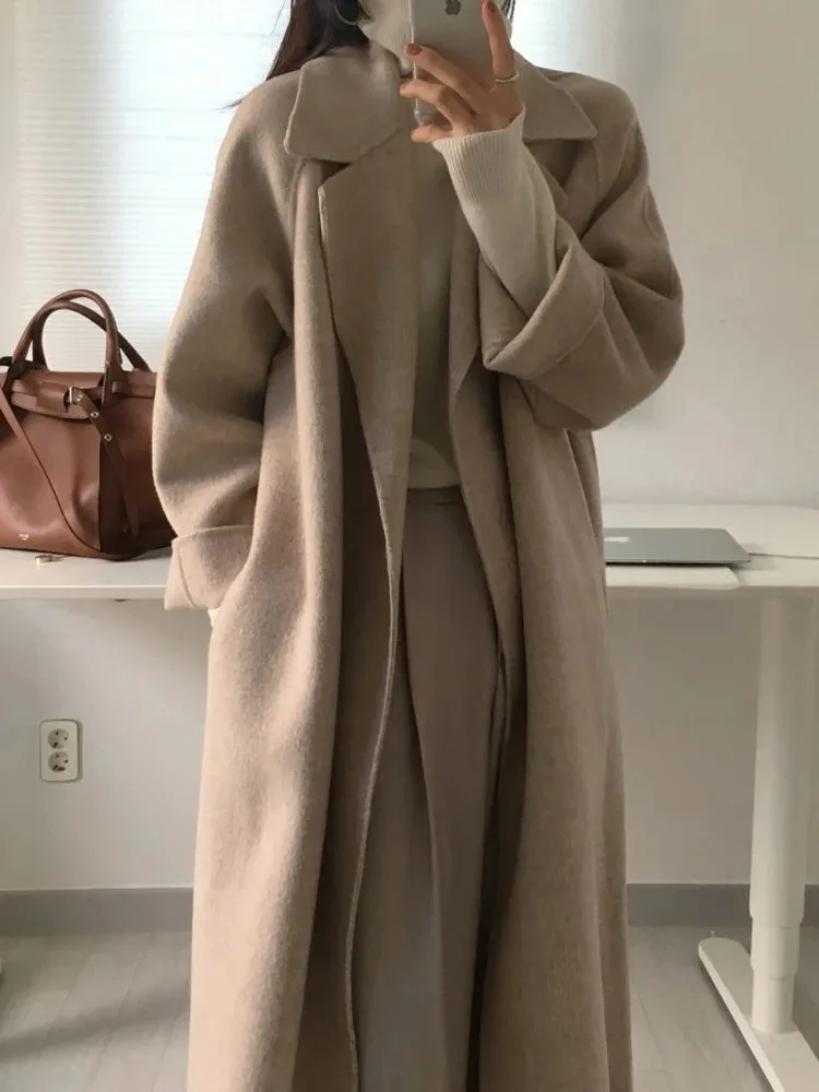 Long Woolen Coat Women. Outerwear Ladies Casual Loose Chic Coats