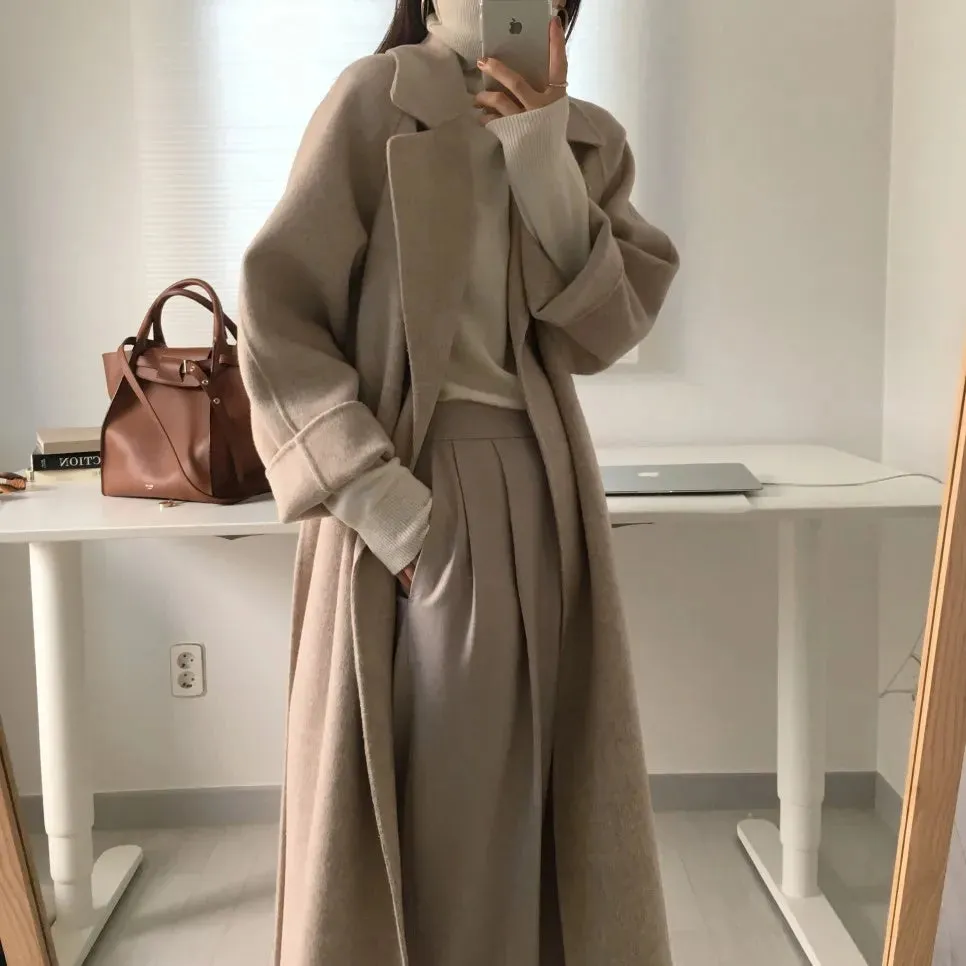 Long Woolen Coat Women. Outerwear Ladies Casual Loose Chic Coats