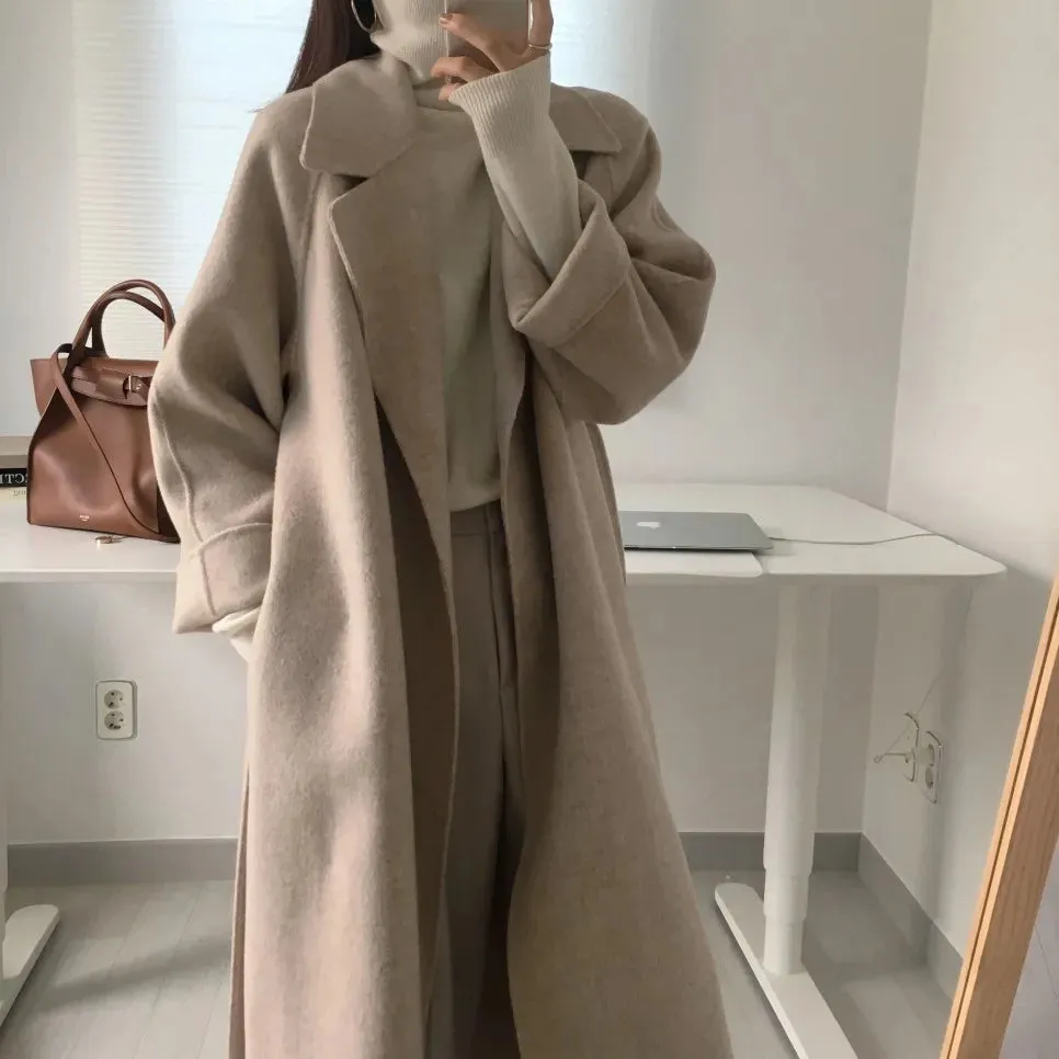 Long Woolen Coat Women. Outerwear Ladies Casual Loose Chic Coats