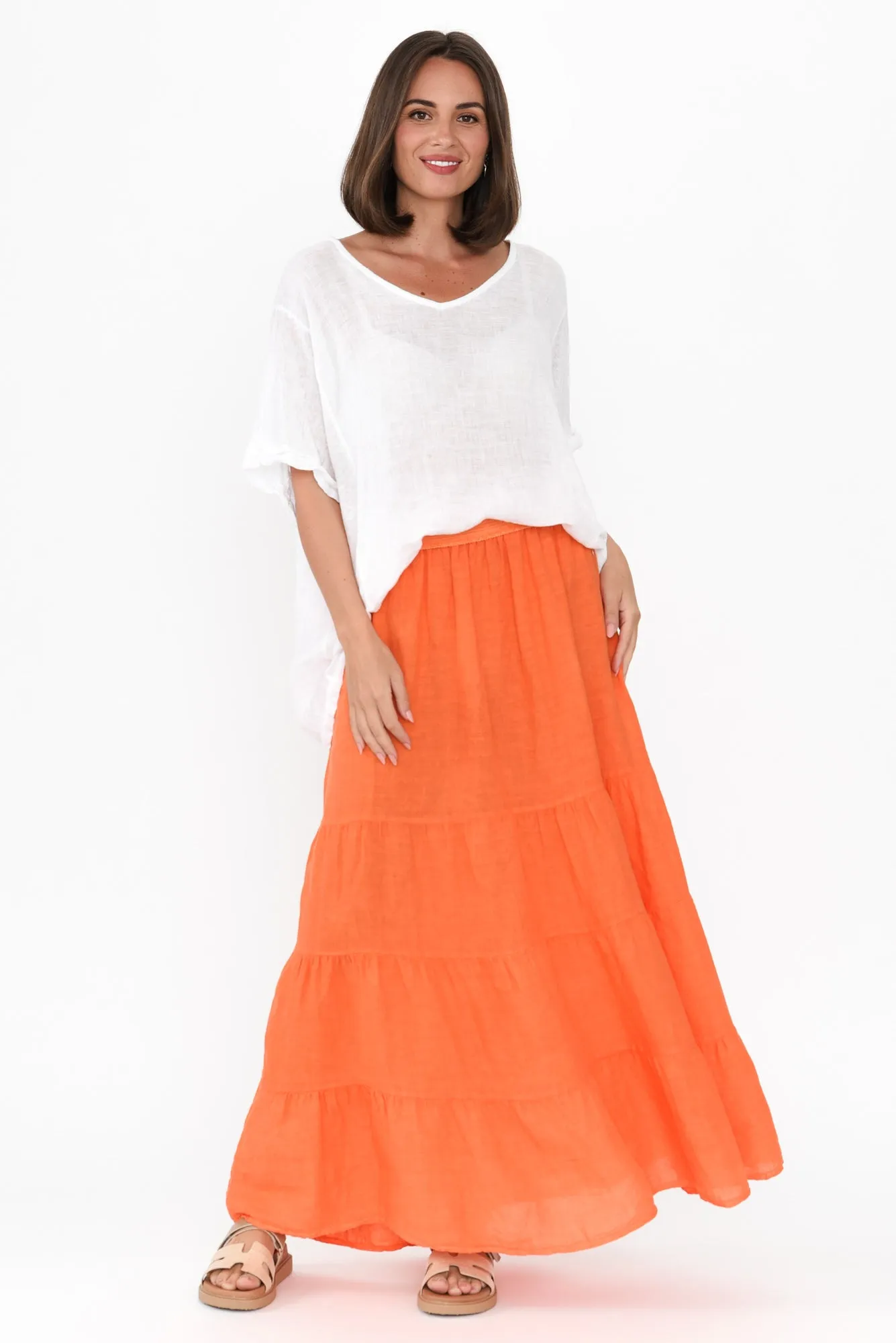 Lorelle Orange Linen Tiered Skirt