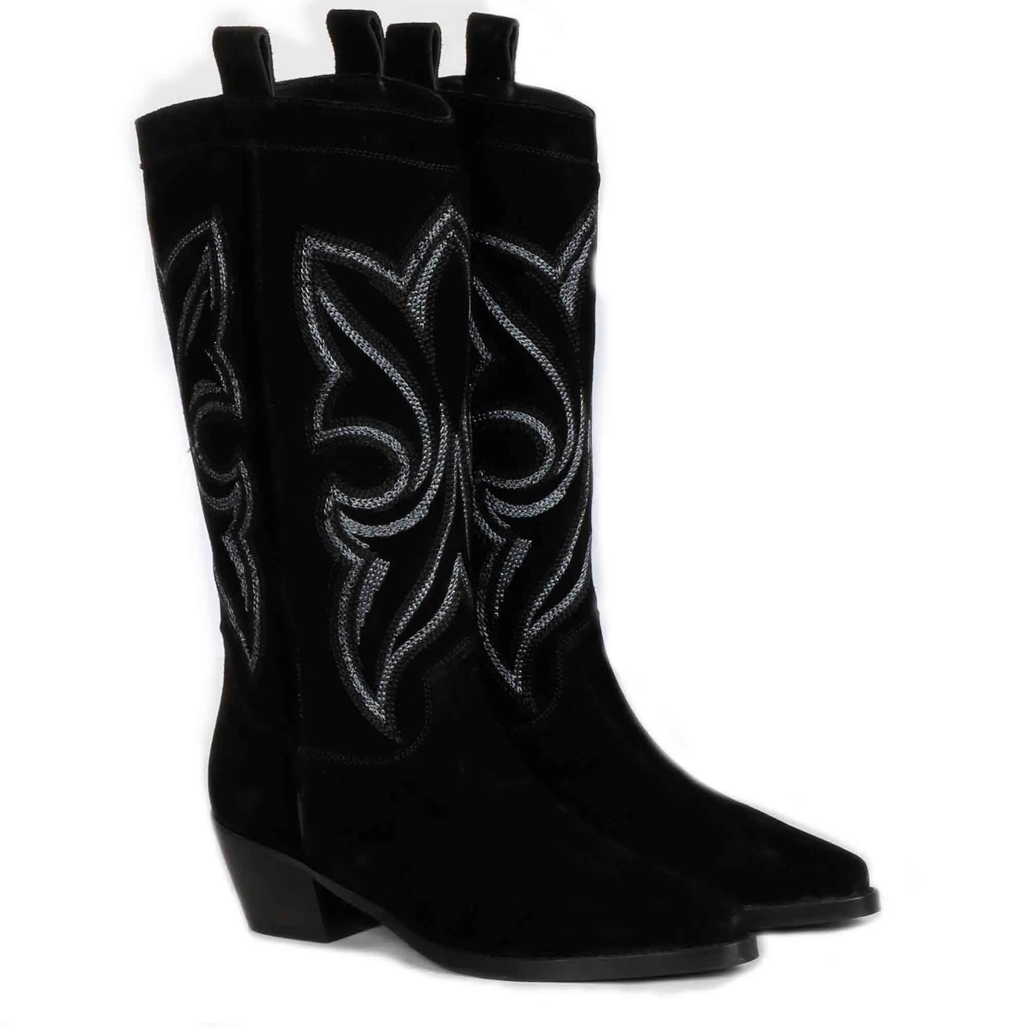 Martina Black Stitched Leather Handcrafted Cowboy Boots