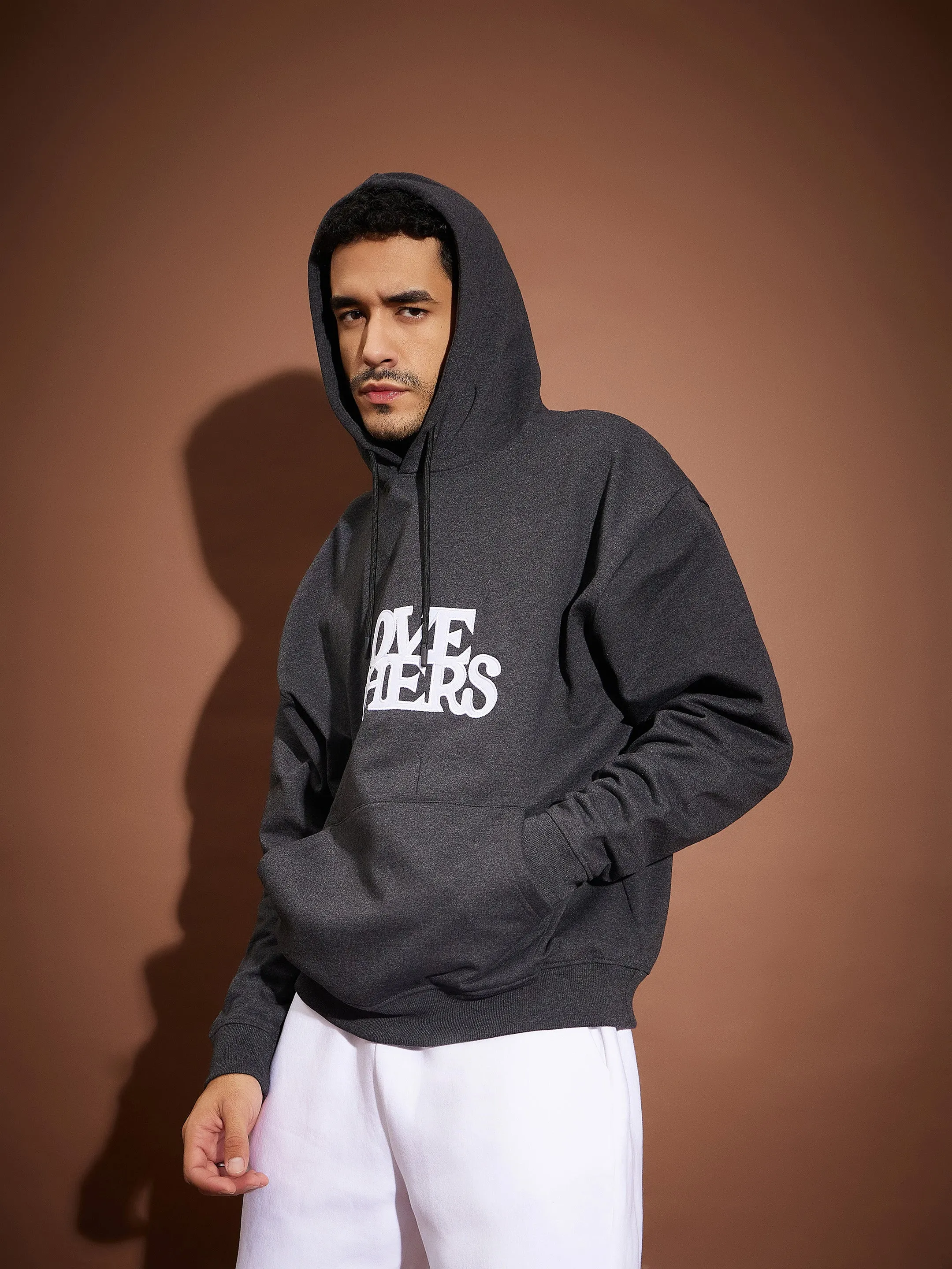 Men Dark Grey Melange LOVE OTHERS Oversized Hoodie