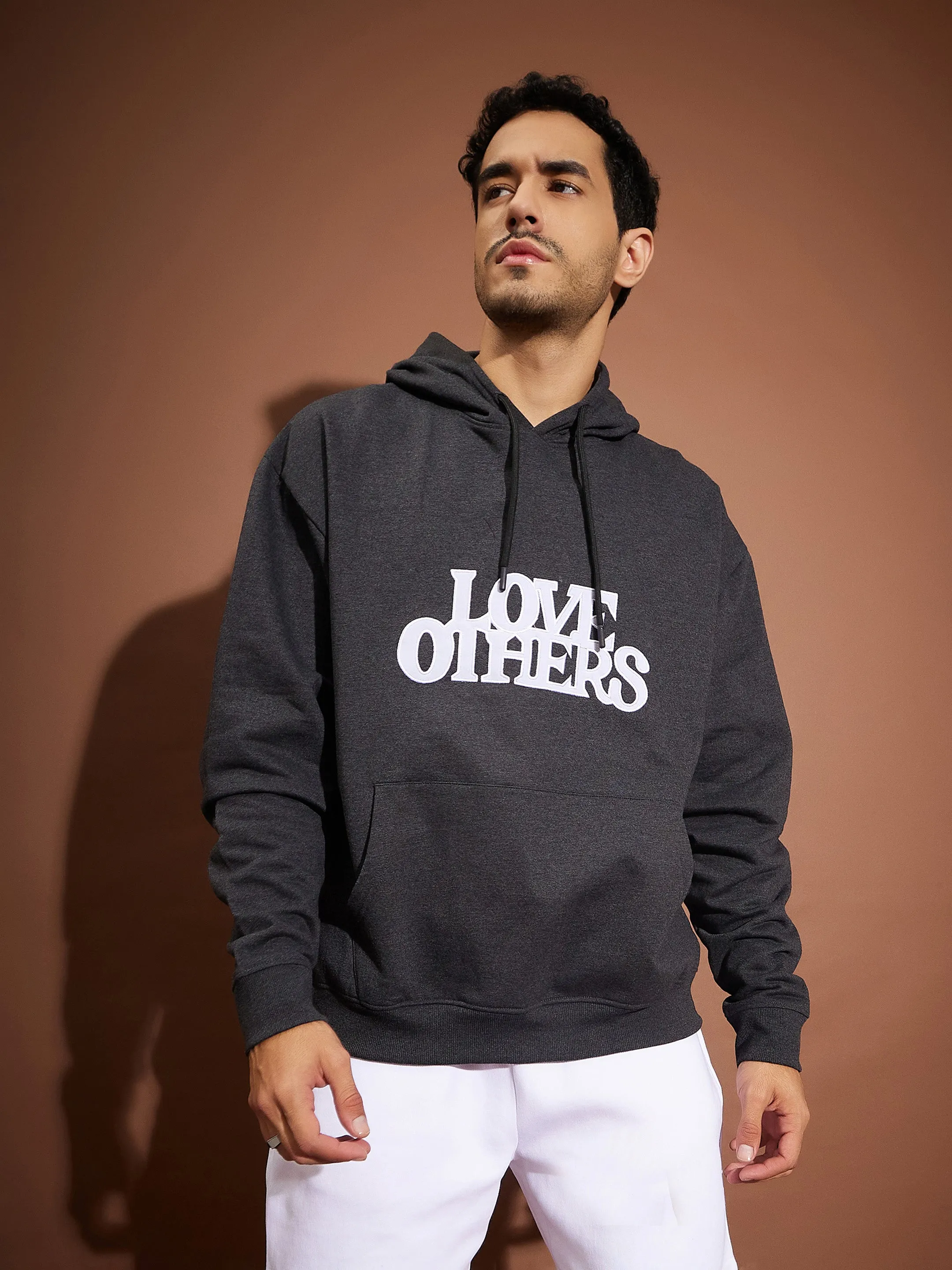 Men Dark Grey Melange LOVE OTHERS Oversized Hoodie