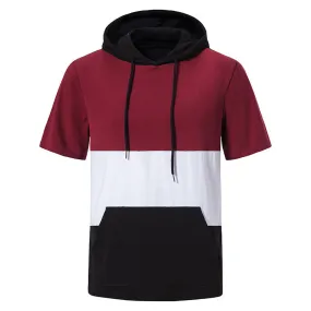 Men Patchwork Pockets Short Sleeves Drawstring Hoody T-Shirt