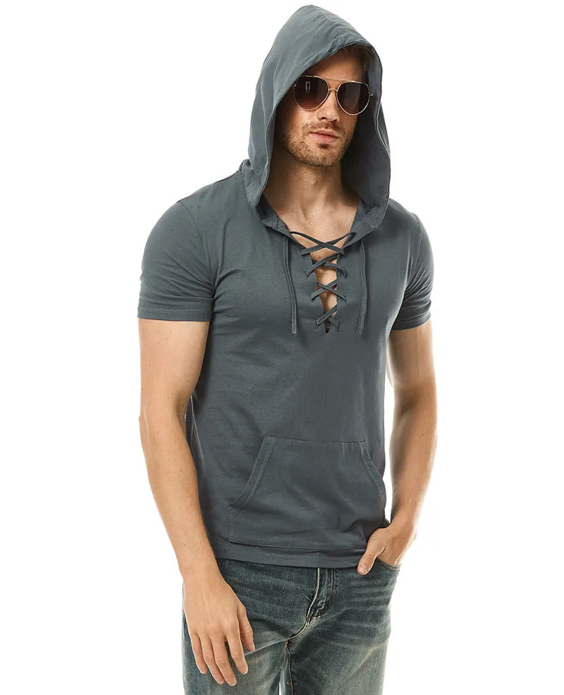 Men Short Sleeves Drawstring Hoody T-Shirt