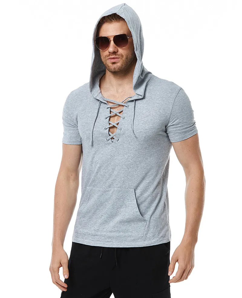 Men Short Sleeves Drawstring Hoody T-Shirt