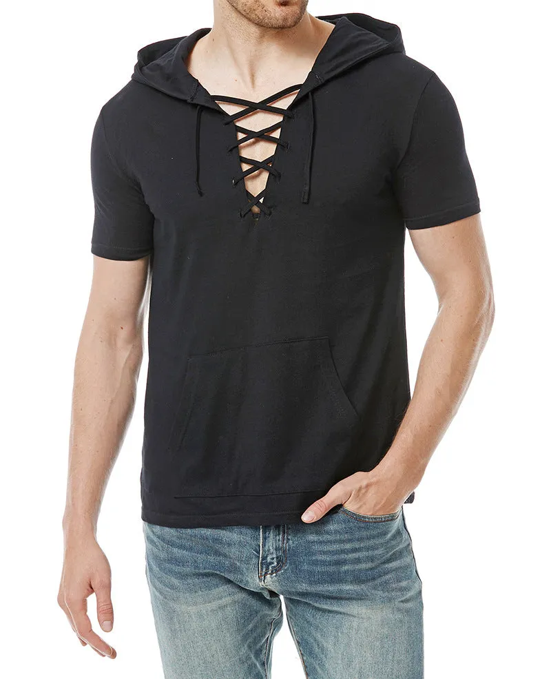 Men Short Sleeves Drawstring Hoody T-Shirt