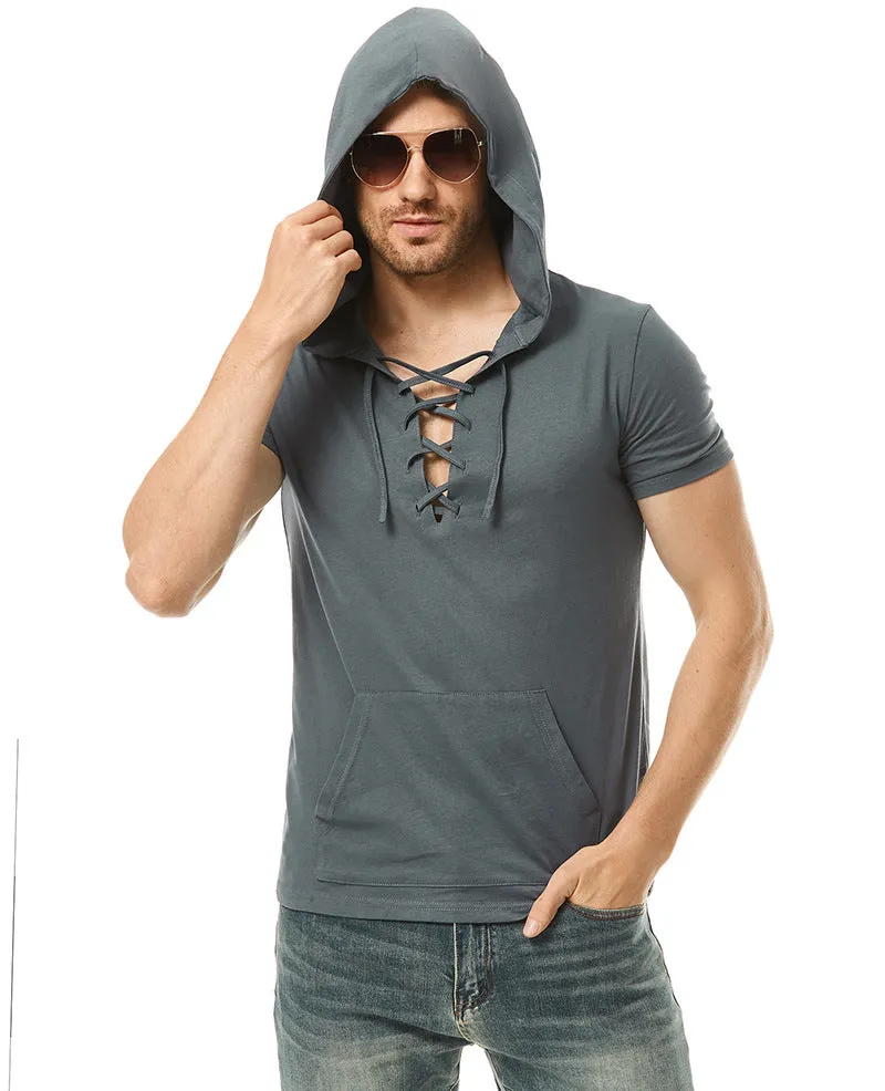 Men Short Sleeves Drawstring Hoody T-Shirt