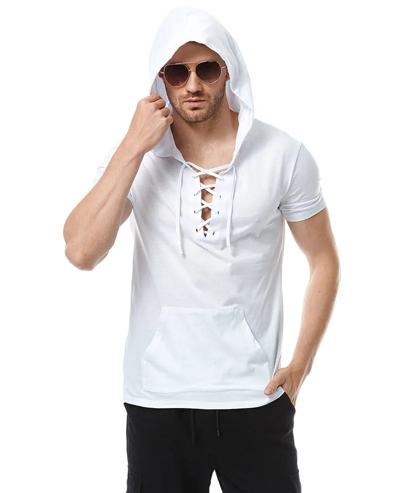 Men Short Sleeves Drawstring Hoody T-Shirt