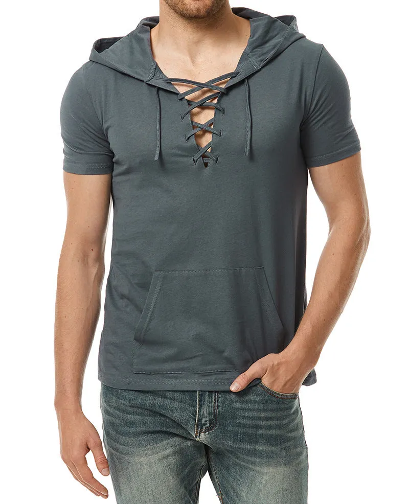 Men Short Sleeves Drawstring Hoody T-Shirt