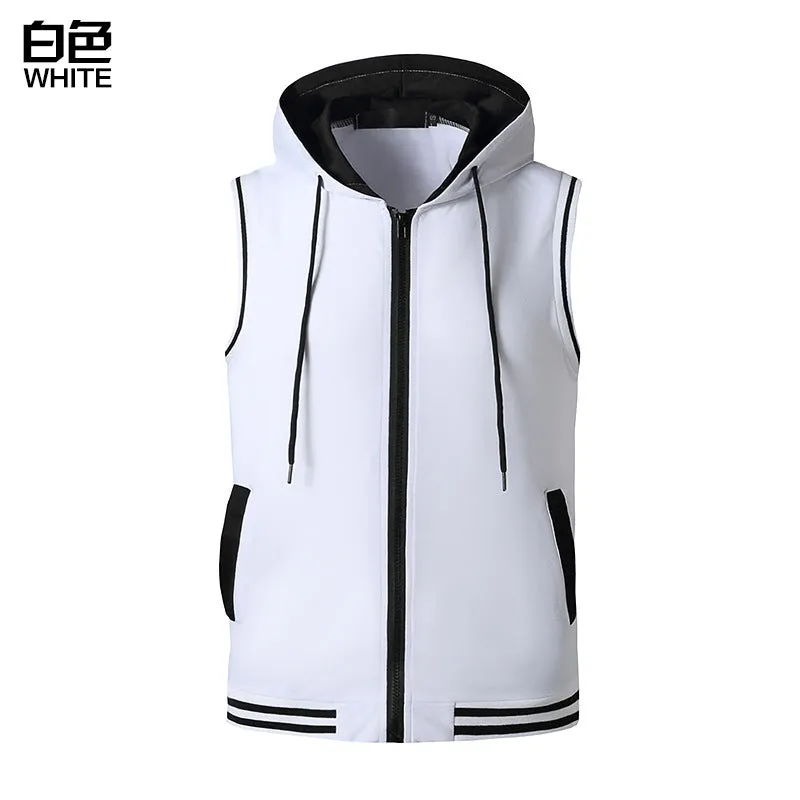 Men Sleeveless Zippers Drawstring Hoody T-Shirt