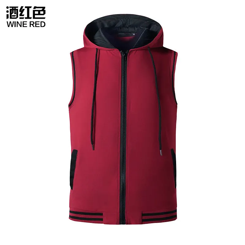 Men Sleeveless Zippers Drawstring Hoody T-Shirt