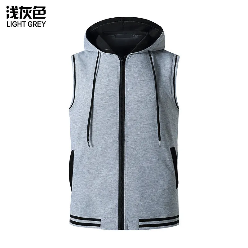 Men Sleeveless Zippers Drawstring Hoody T-Shirt