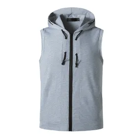 Men Slim Zippers Sleeveless Drawstring Hoody T-Shirt