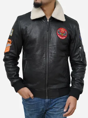 Men's Black Genuine Leather Jacket With Shearling Collar