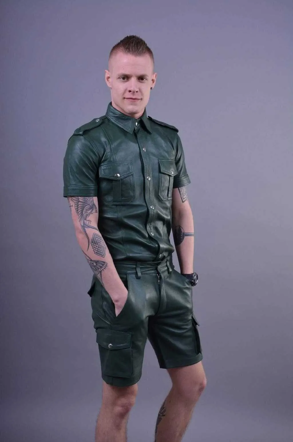 Mens Green Leather Short Sleeve Button Up Shirt