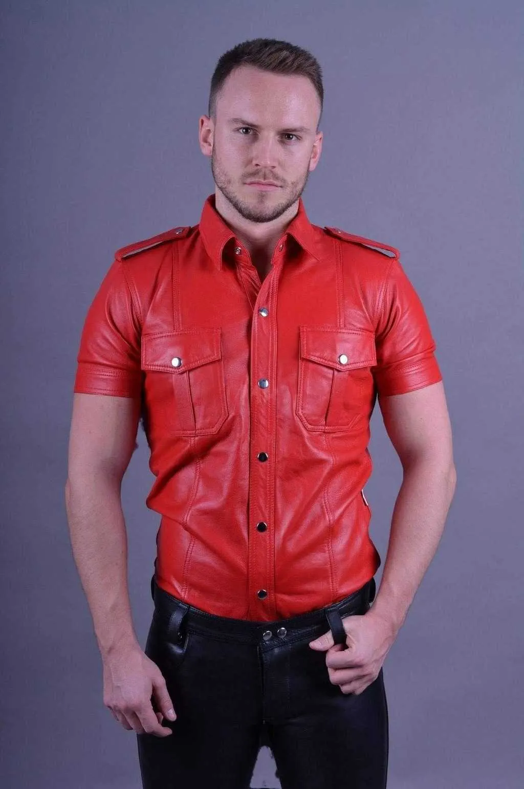 Mens Green Leather Short Sleeve Button Up Shirt