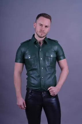 Mens Green Leather Short Sleeve Button Up Shirt