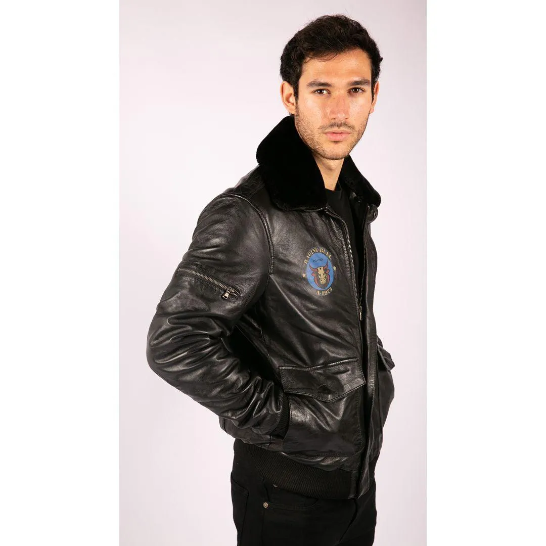 Mens Real Leather Bomber Jacket Aviator Fur Collar Pilot Raging Bull