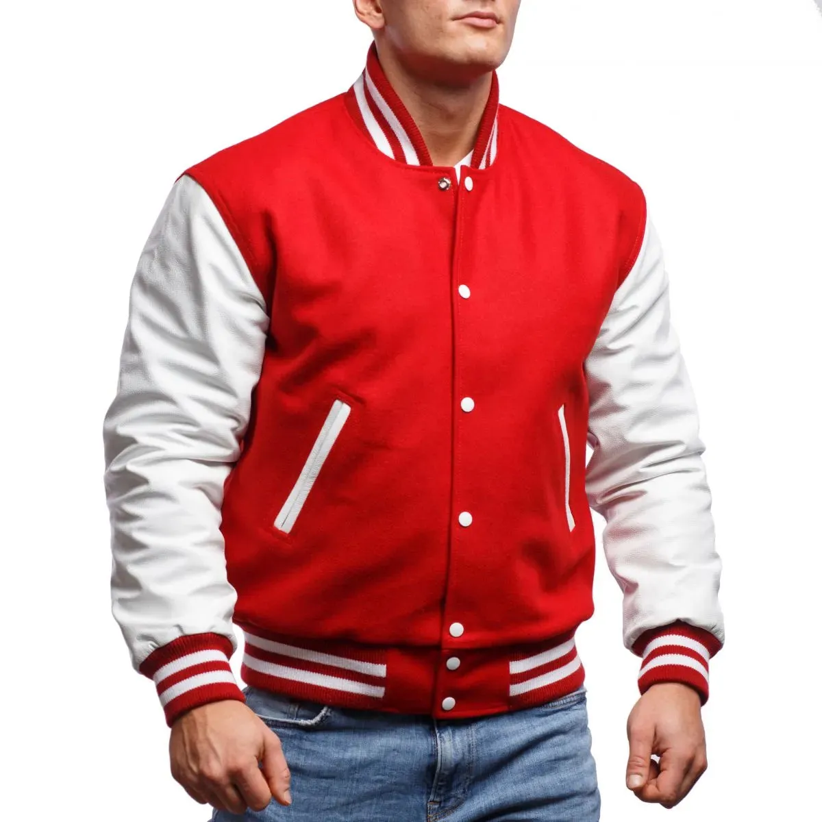 Mens Red And White Leather Varsity Jacket