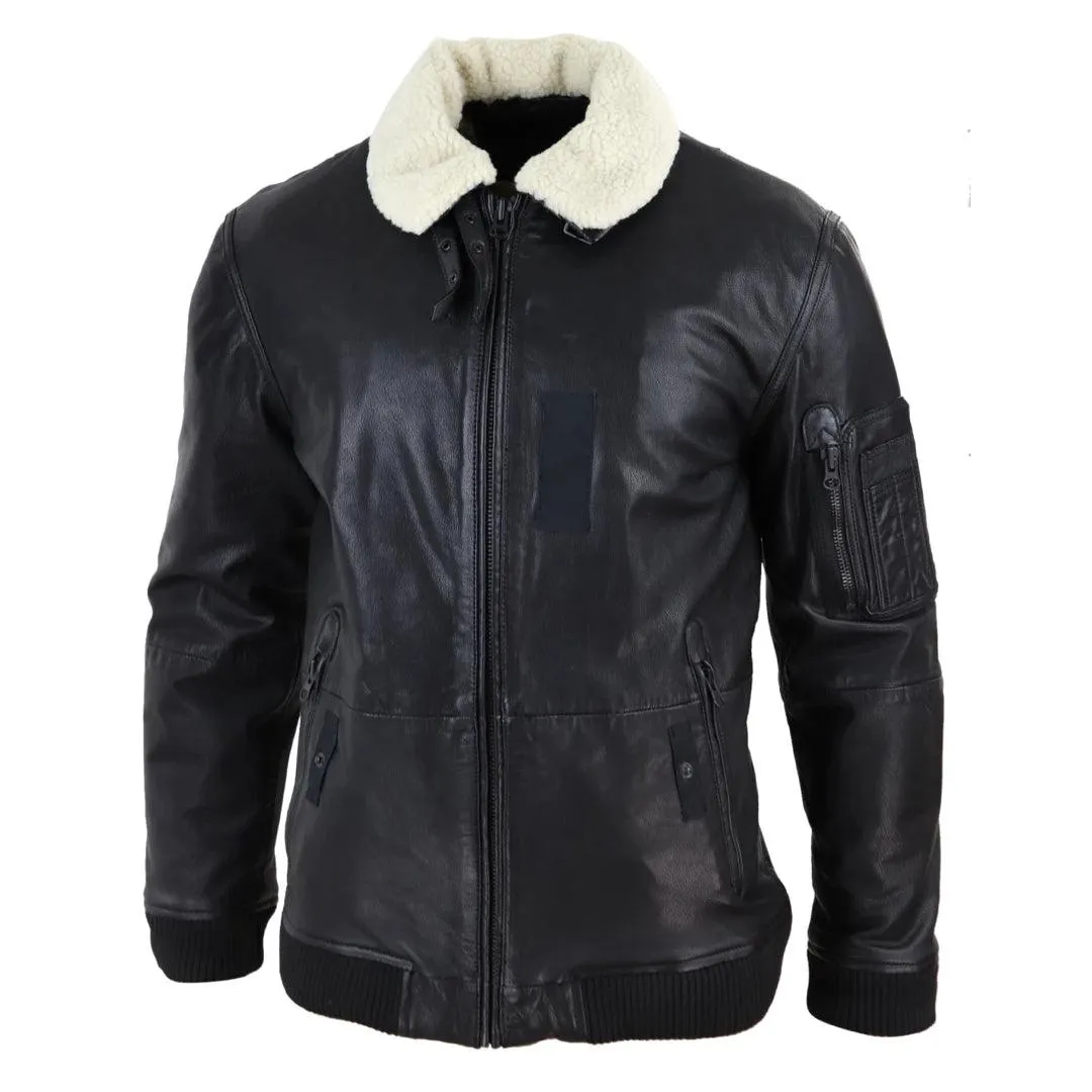 Mens Vintage Real Leather Jacket Washed Bomber Air Force Pilot Fur Collar Casual