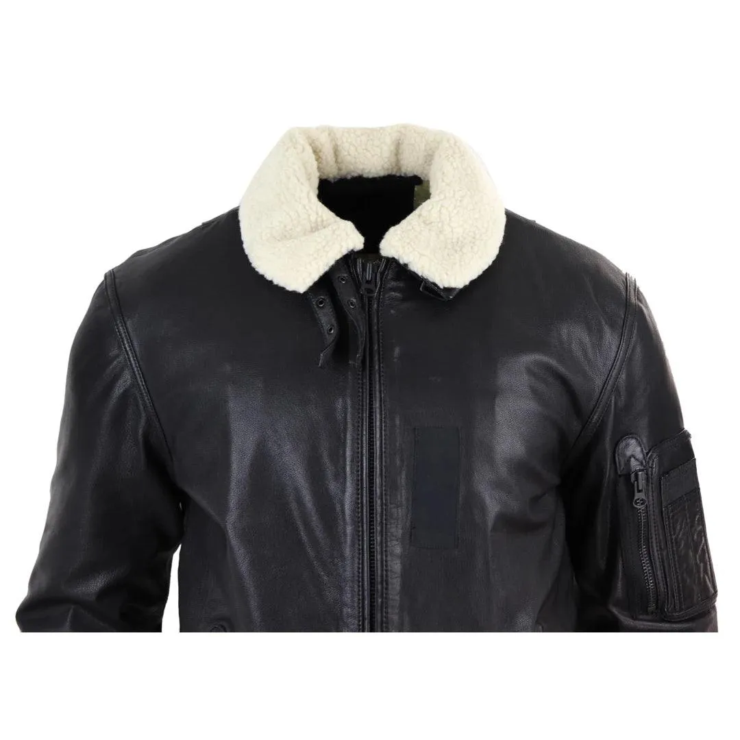 Mens Vintage Real Leather Jacket Washed Bomber Air Force Pilot Fur Collar Casual