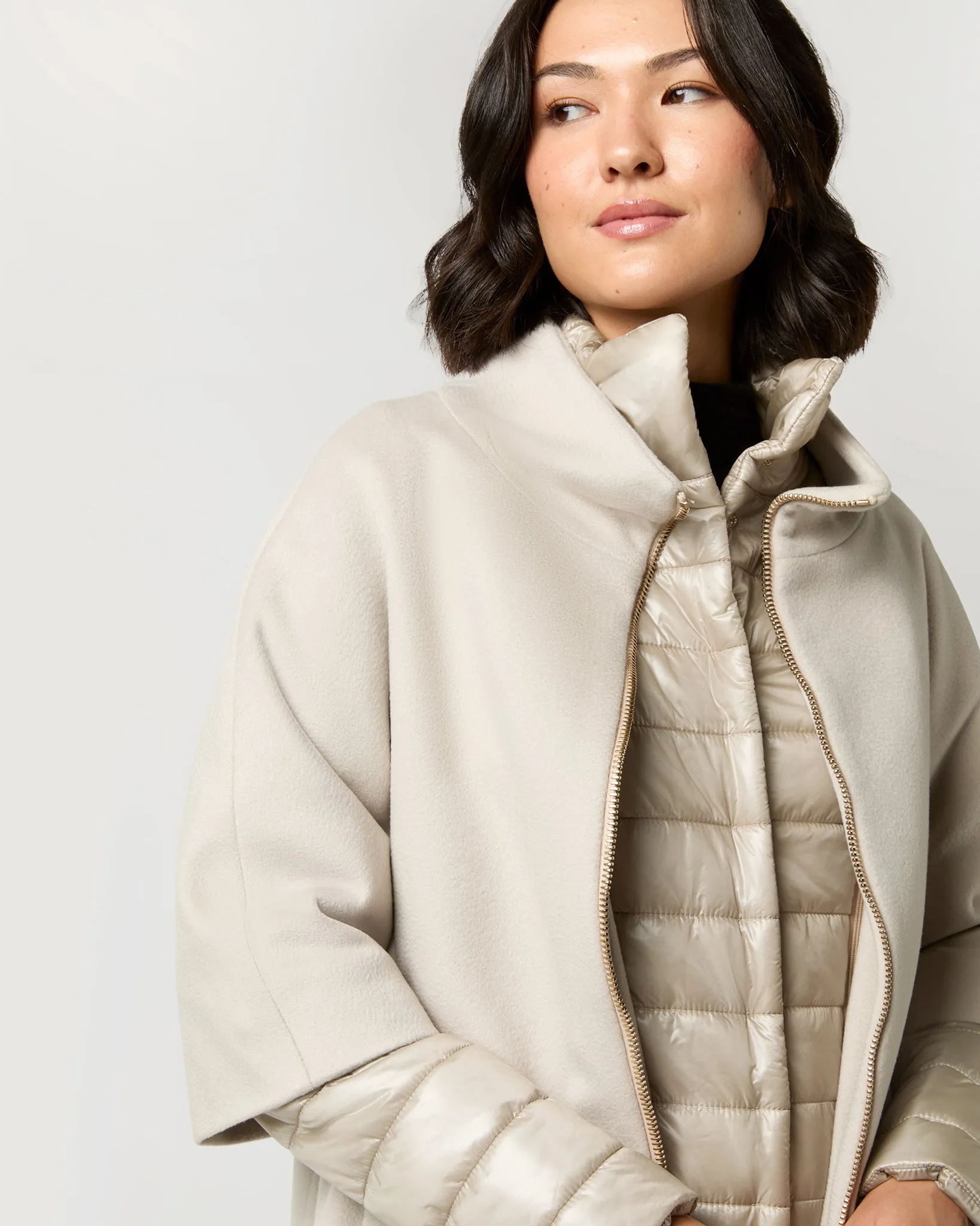 Mixed Media Cocoon Coat in Champagne