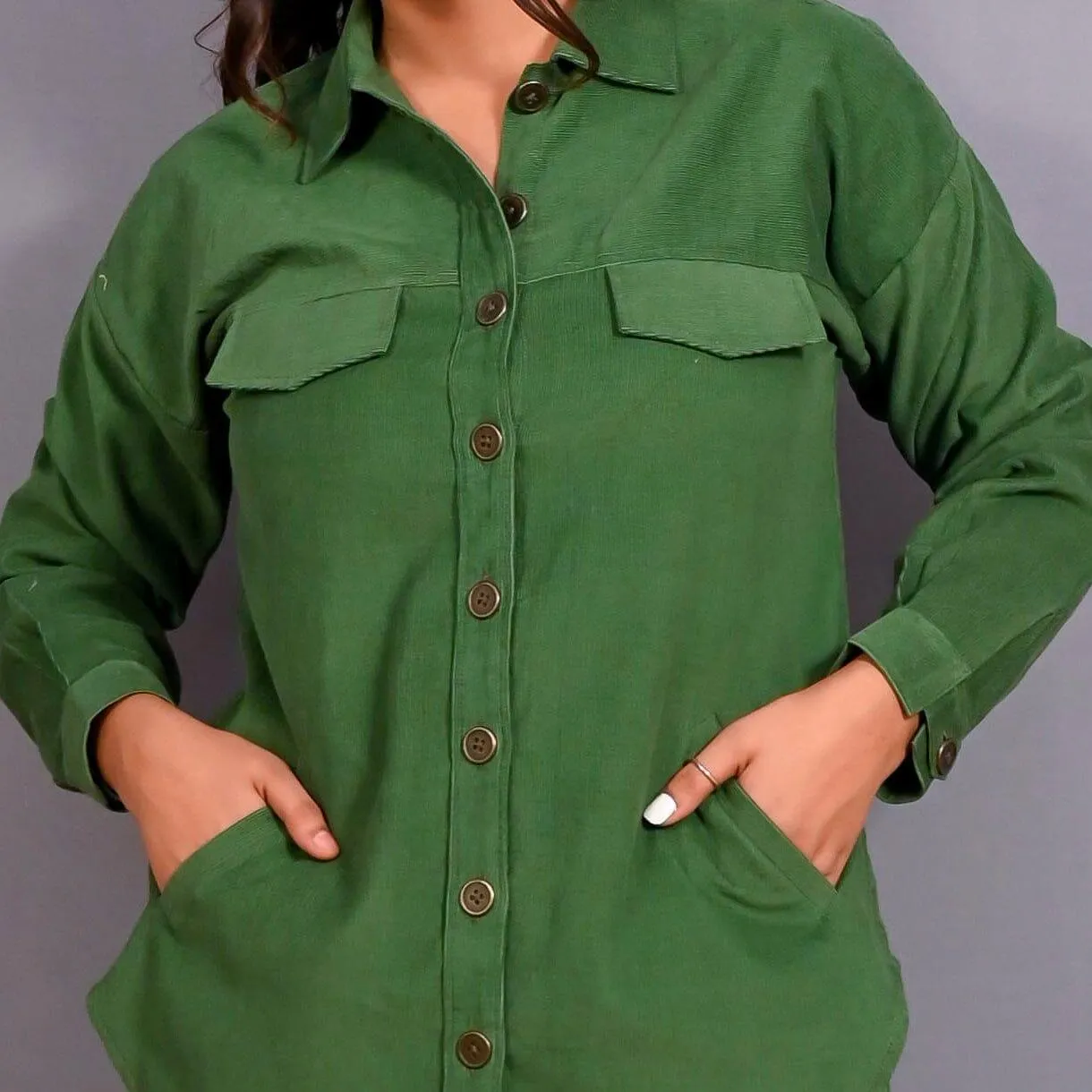 Moss Green Warm Cotton Corduroy Button-Down Shacket