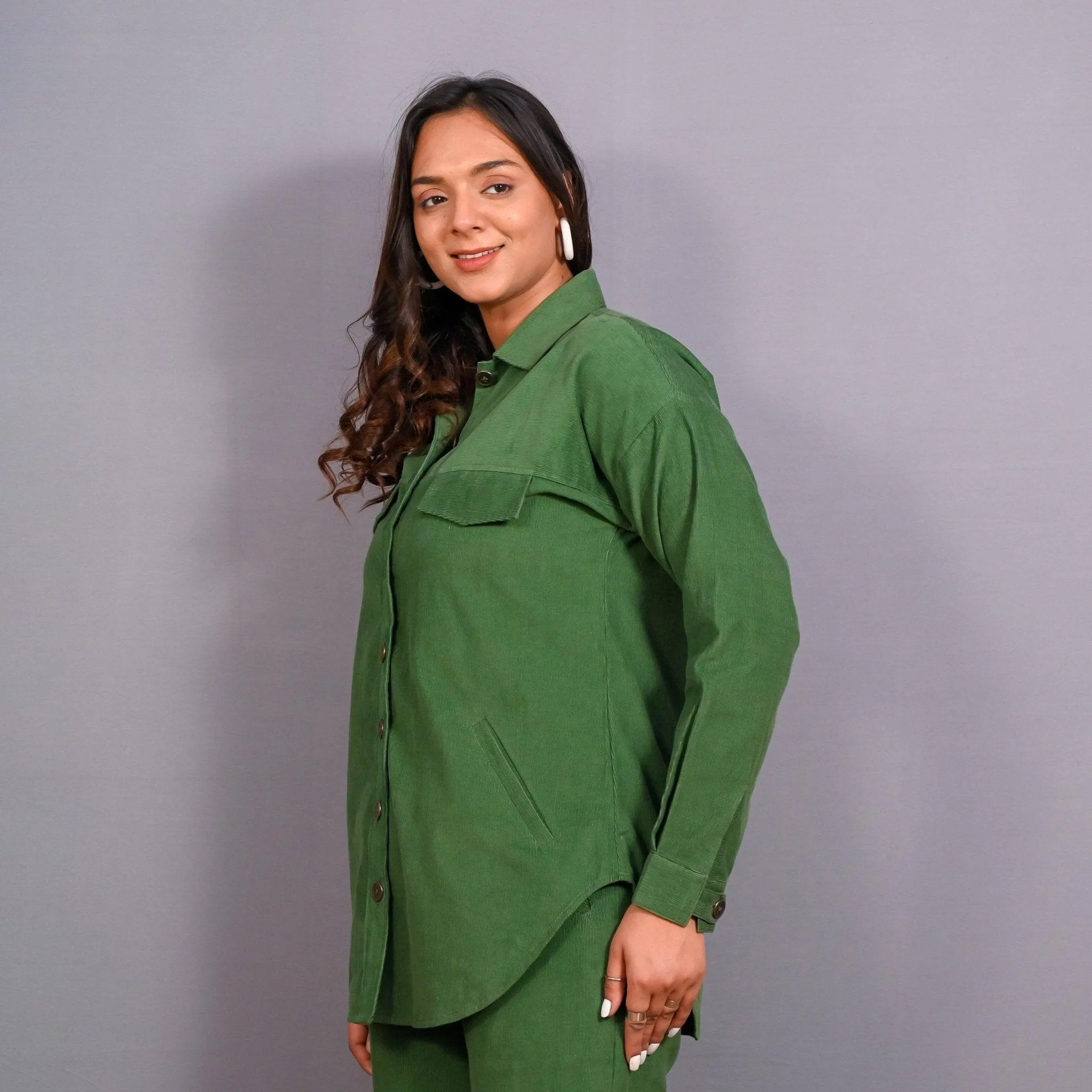 Moss Green Warm Cotton Corduroy Button-Down Shacket