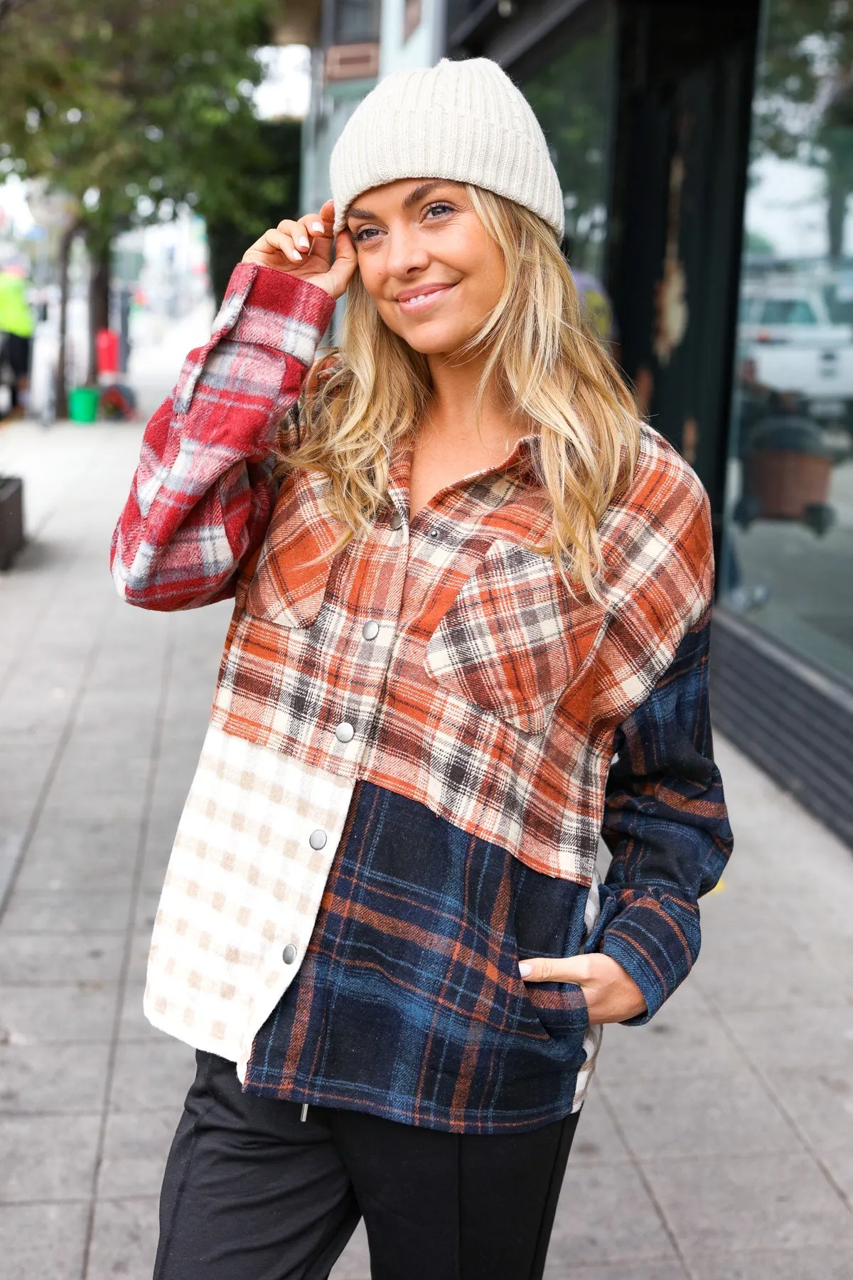 Muticolor Plaid Color Block Snap Button Shacket