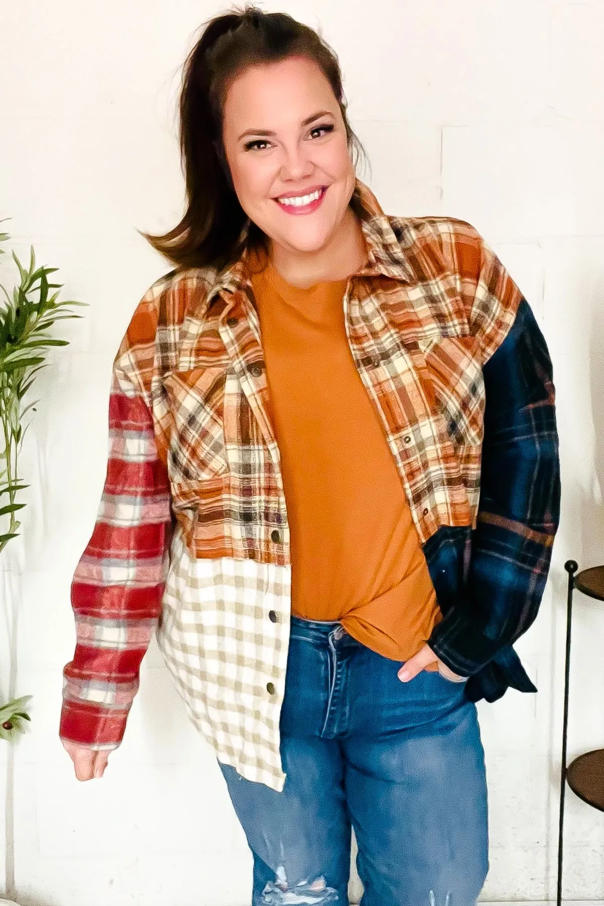 Muticolor Plaid Color Block Snap Button Shacket