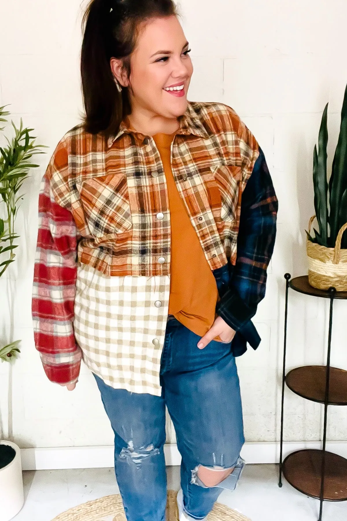 Muticolor Plaid Color Block Snap Button Shacket