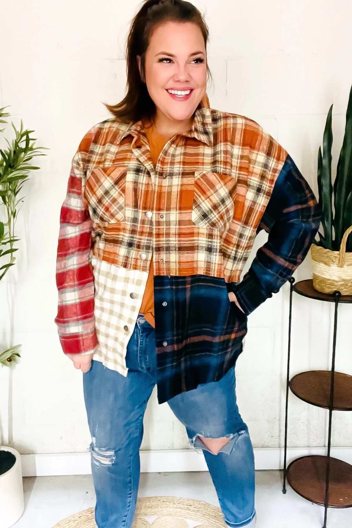 Muticolor Plaid Color Block Snap Button Shacket