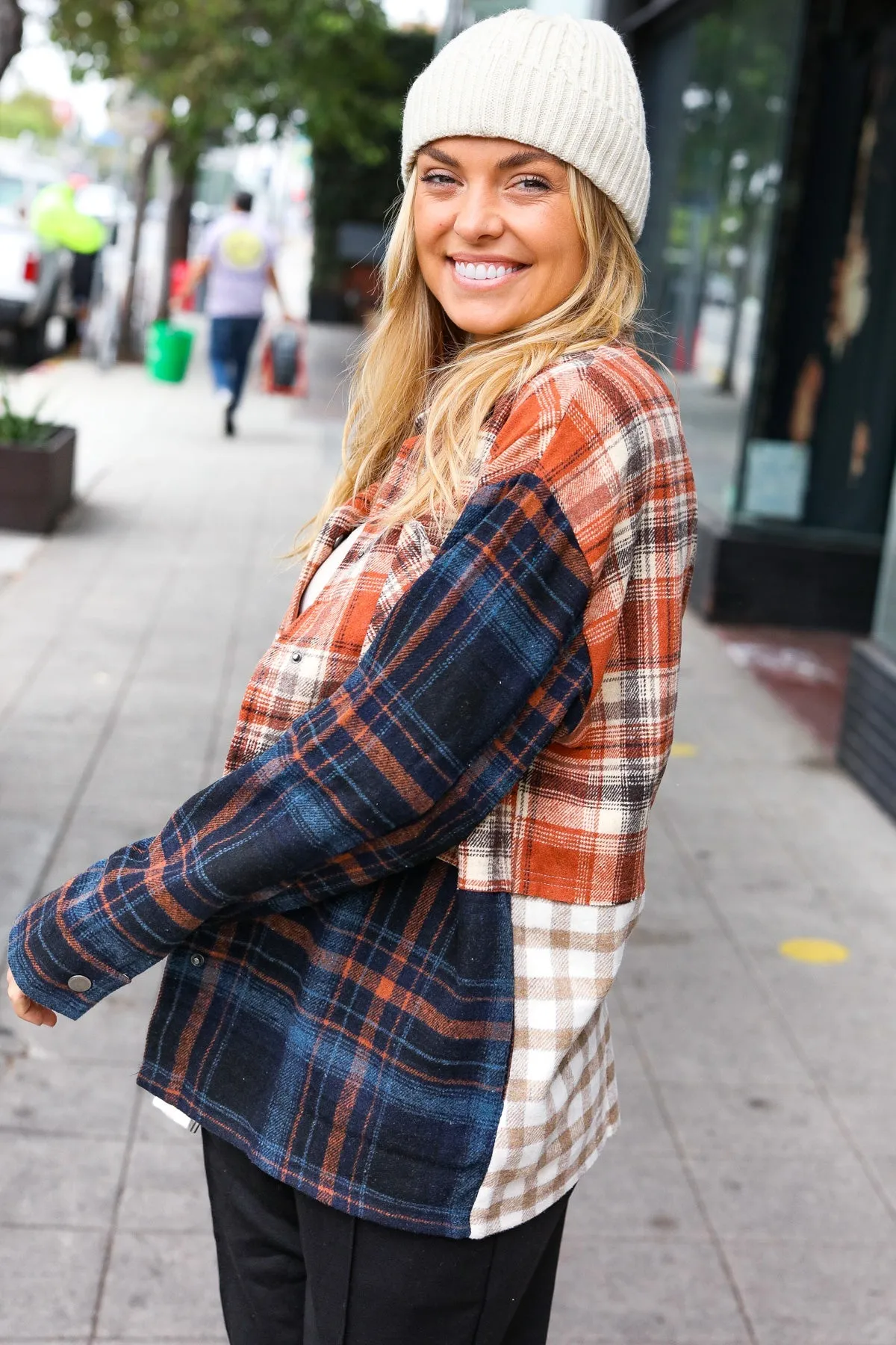 Muticolor Plaid Color Block Snap Button Shacket