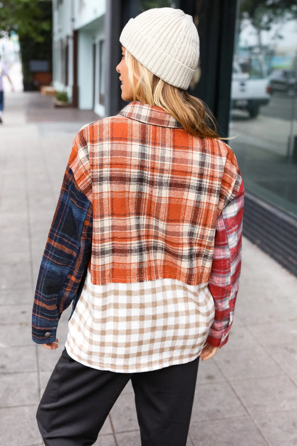 Muticolor Plaid Color Block Snap Button Shacket