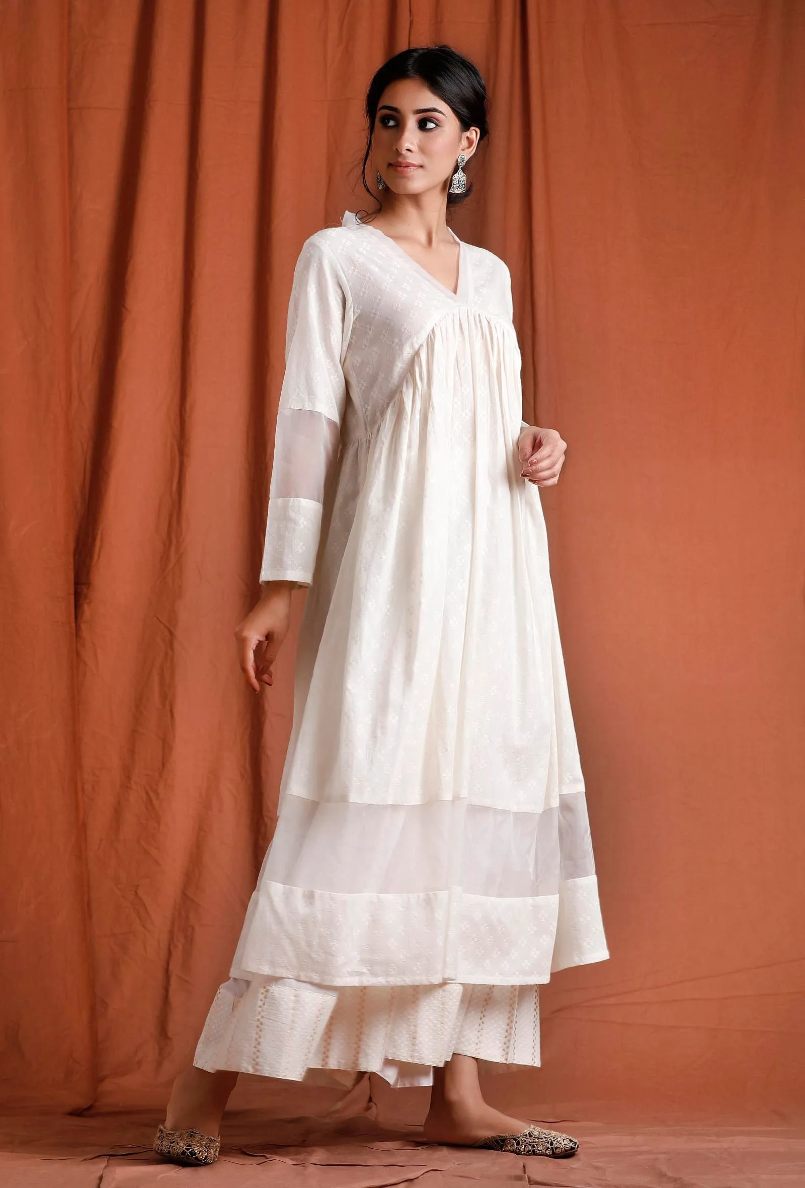 Off White Gathered Organza Kurta