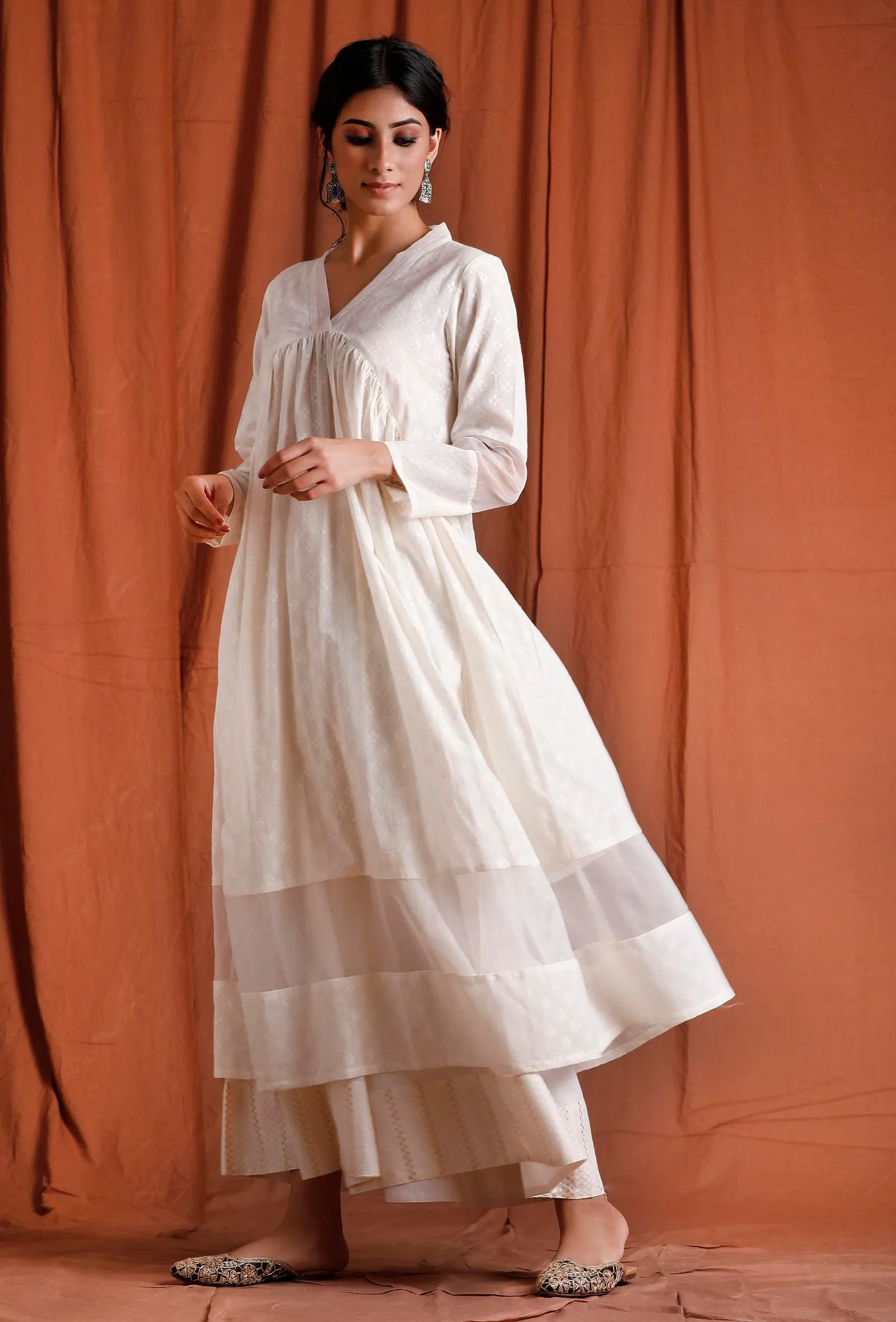 Off White Gathered Organza Kurta