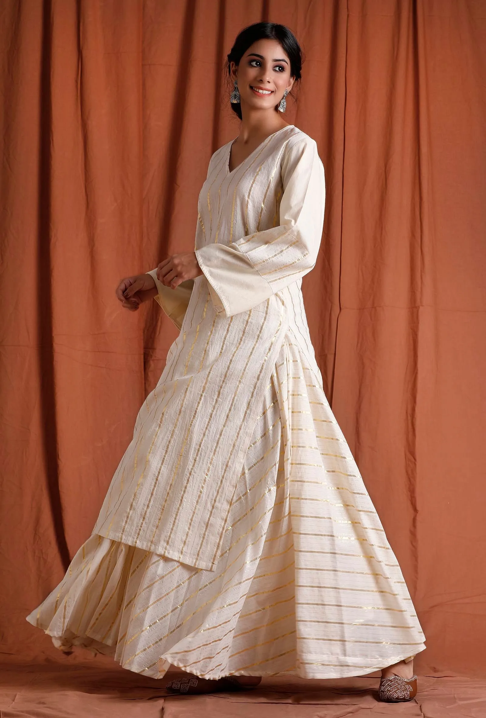 Off White Golden Cotton Kurta