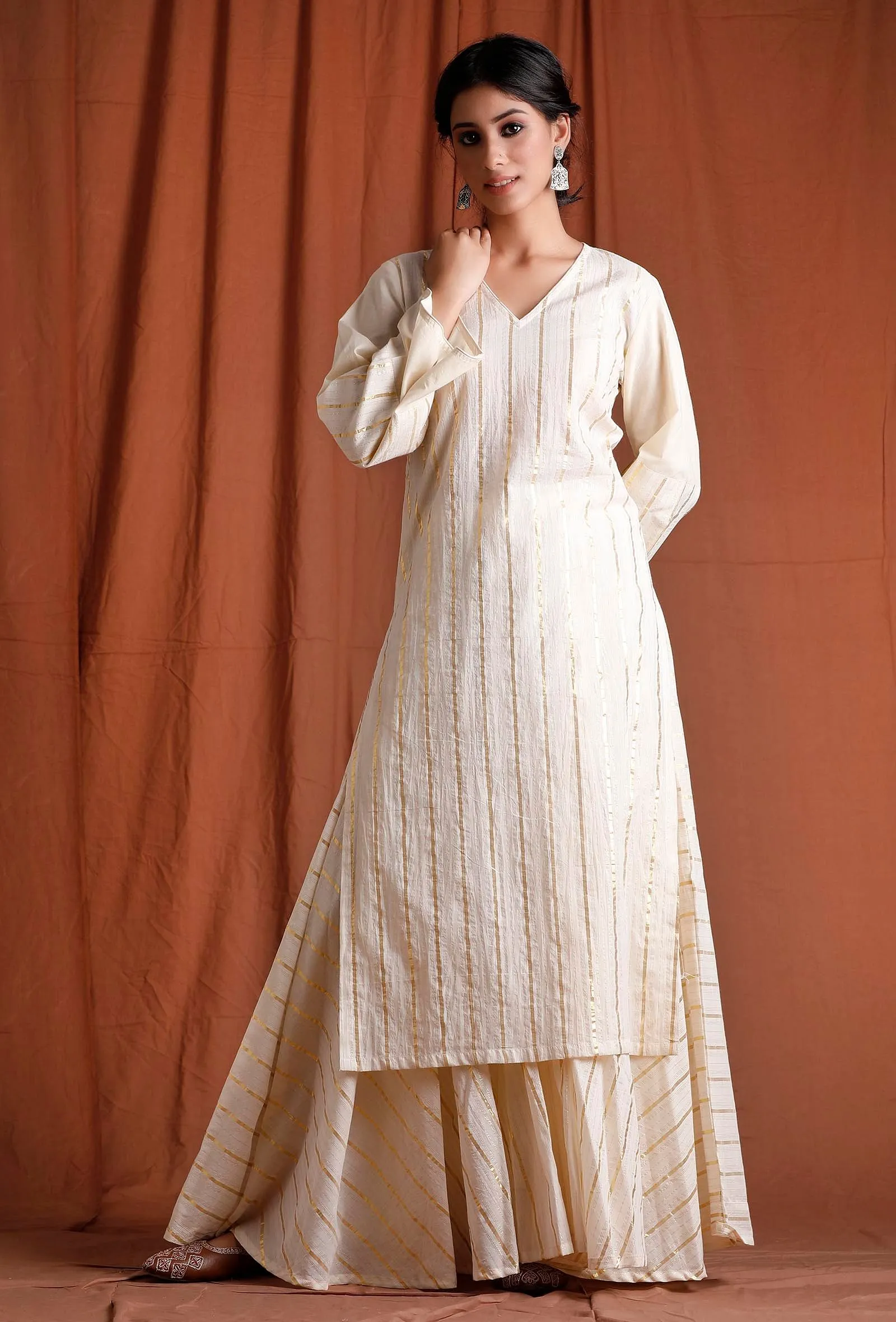 Off White Golden Cotton Kurta