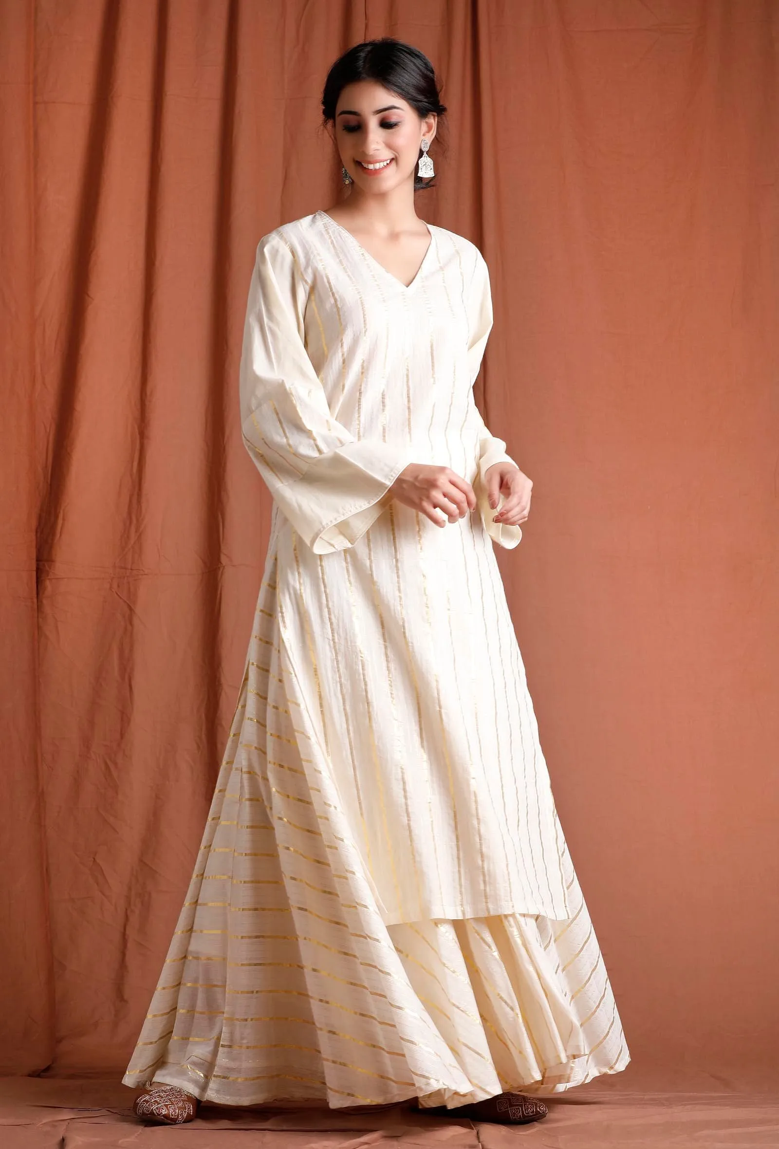 Off White Golden Cotton Kurta