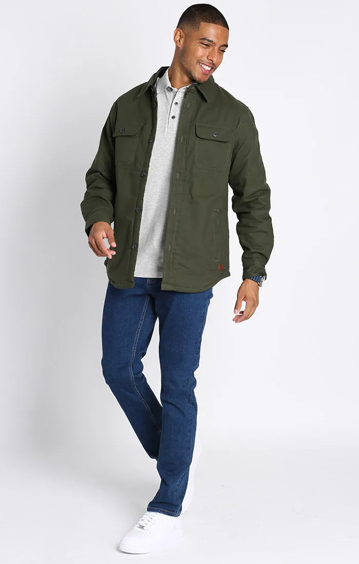 Olive Stretch Canvas Sherpa Shirt Jacket