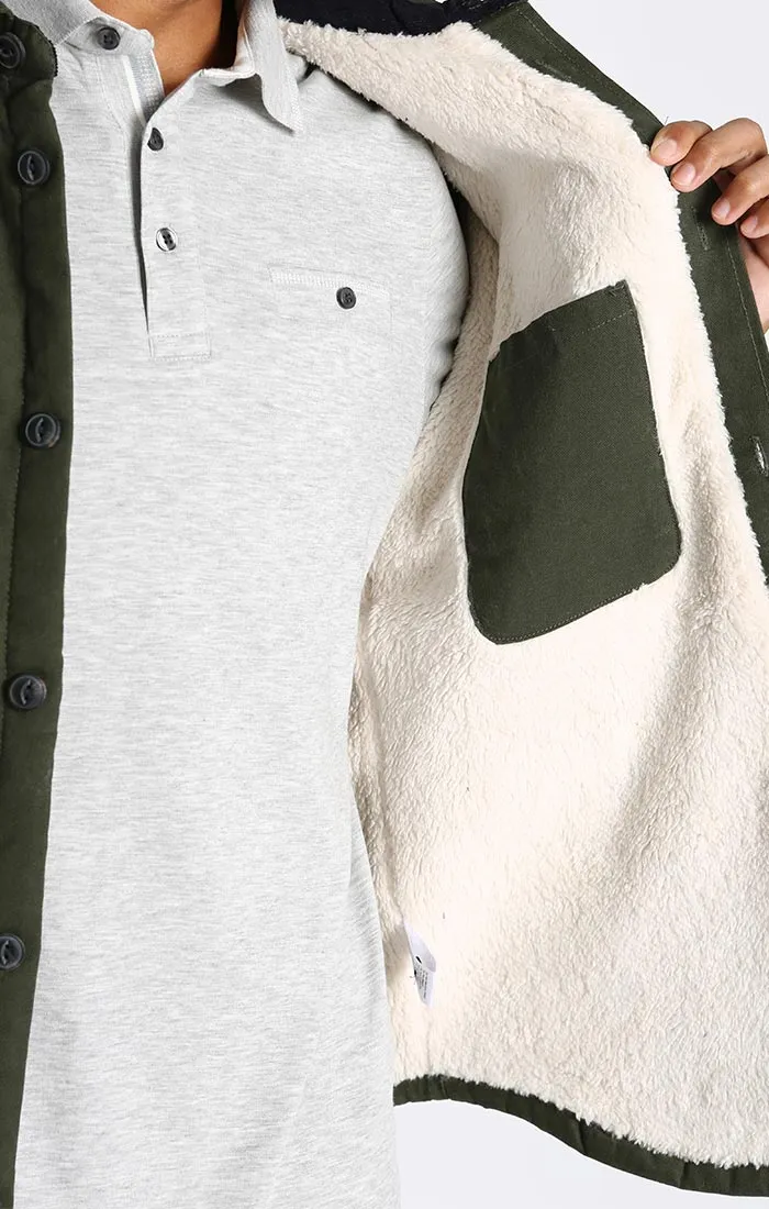 Olive Stretch Canvas Sherpa Shirt Jacket