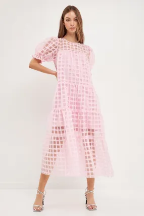 Organza Gridded Puff Sleeve Maxi Dress