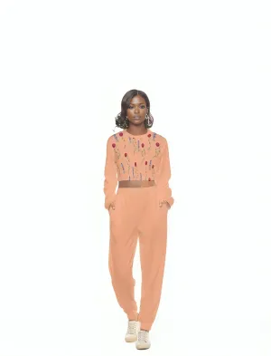 Peach Floral Womens Crop Sweatshirt Suit