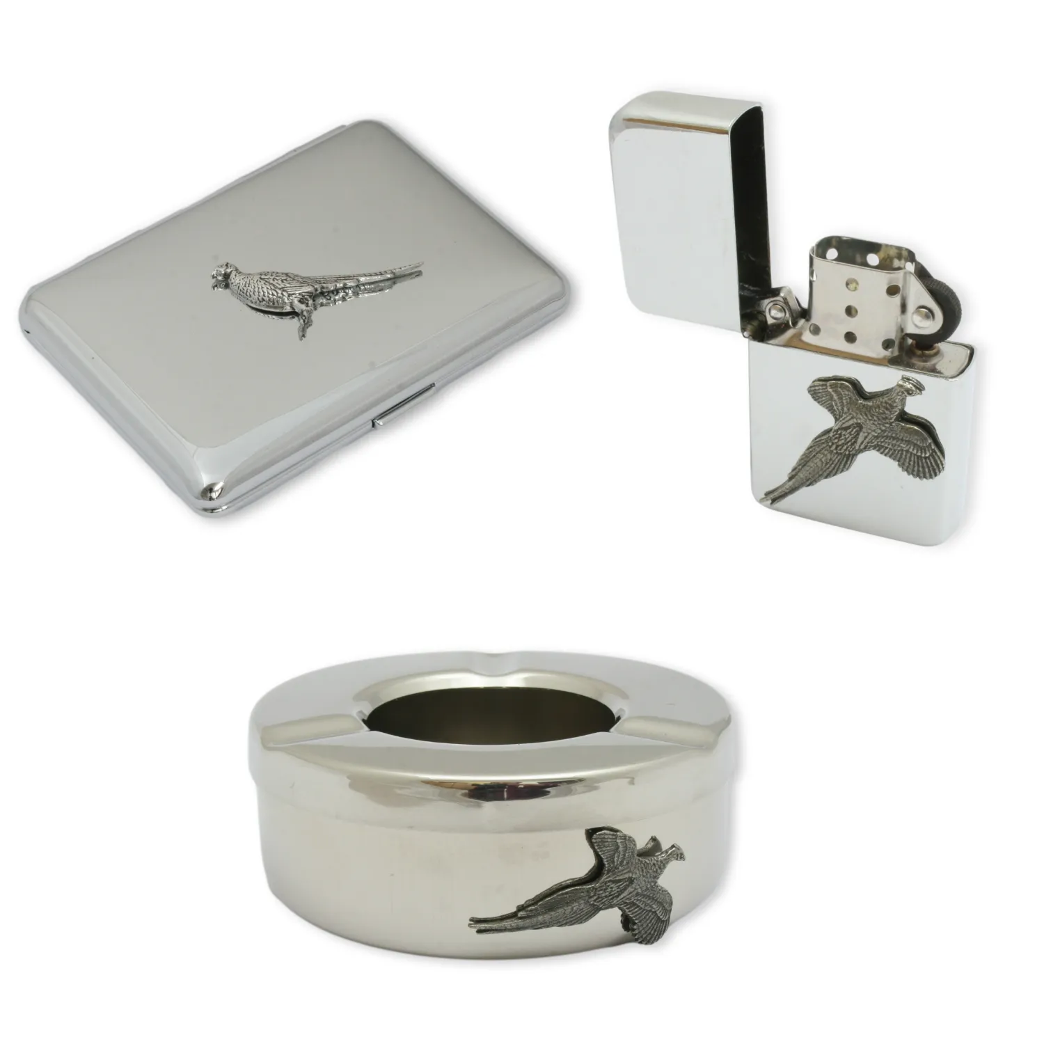 Pheasant Ash Tray, Lighter & Cigarette Case Set