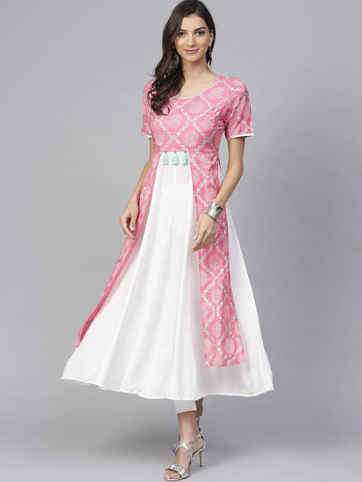 Pink Lotus Inspired Front Open Printed Kurta With Tassels