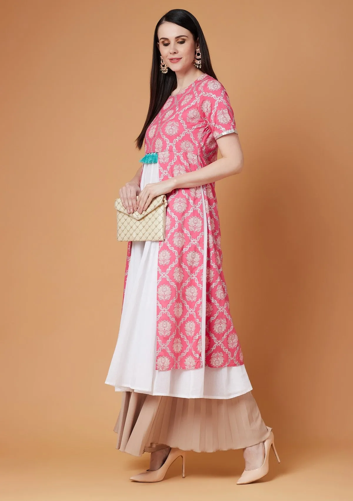 Pink Lotus Inspired Front Open Printed Kurta With Tassels