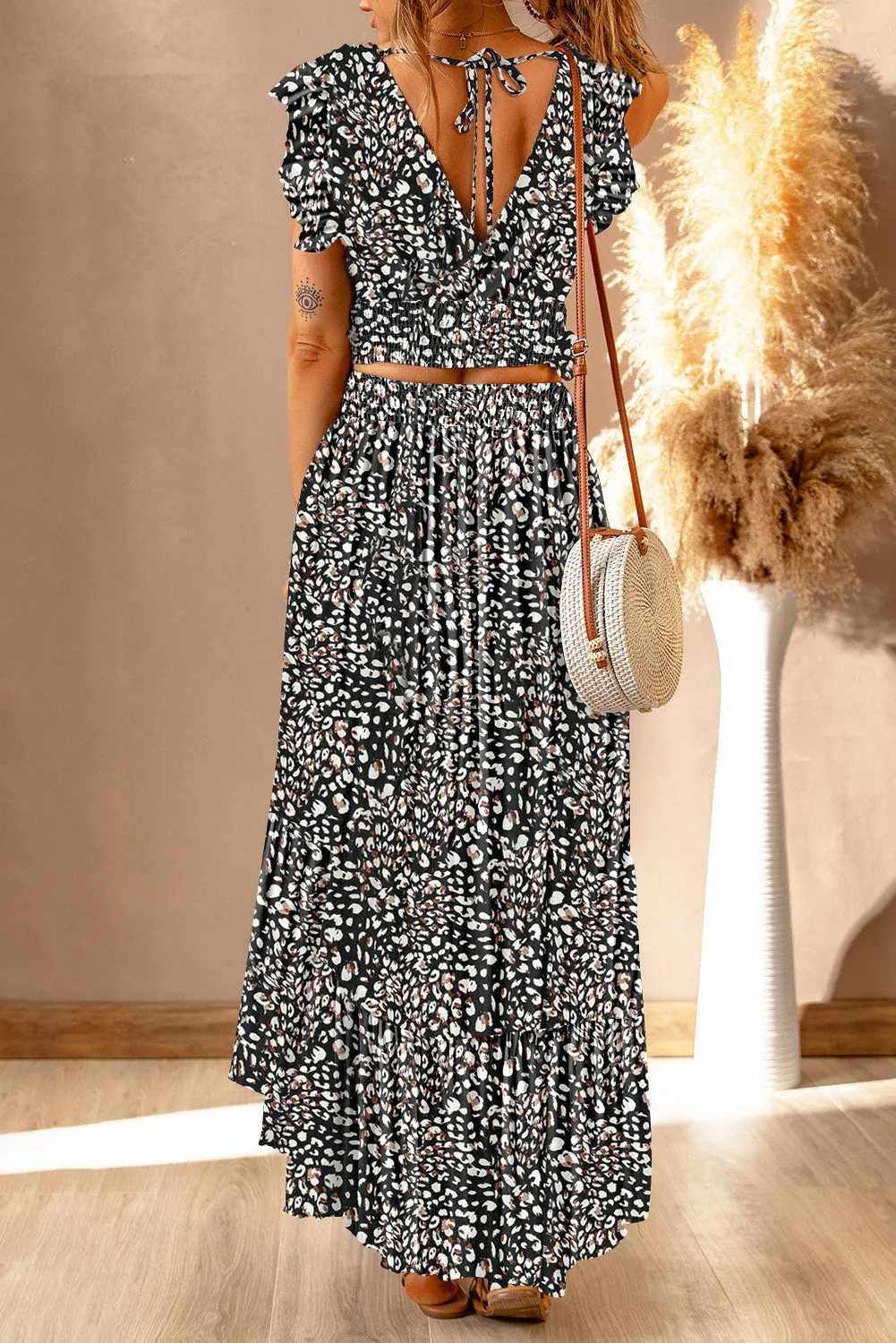 Printed Tie Back Cropped Top and Maxi Skirt Set