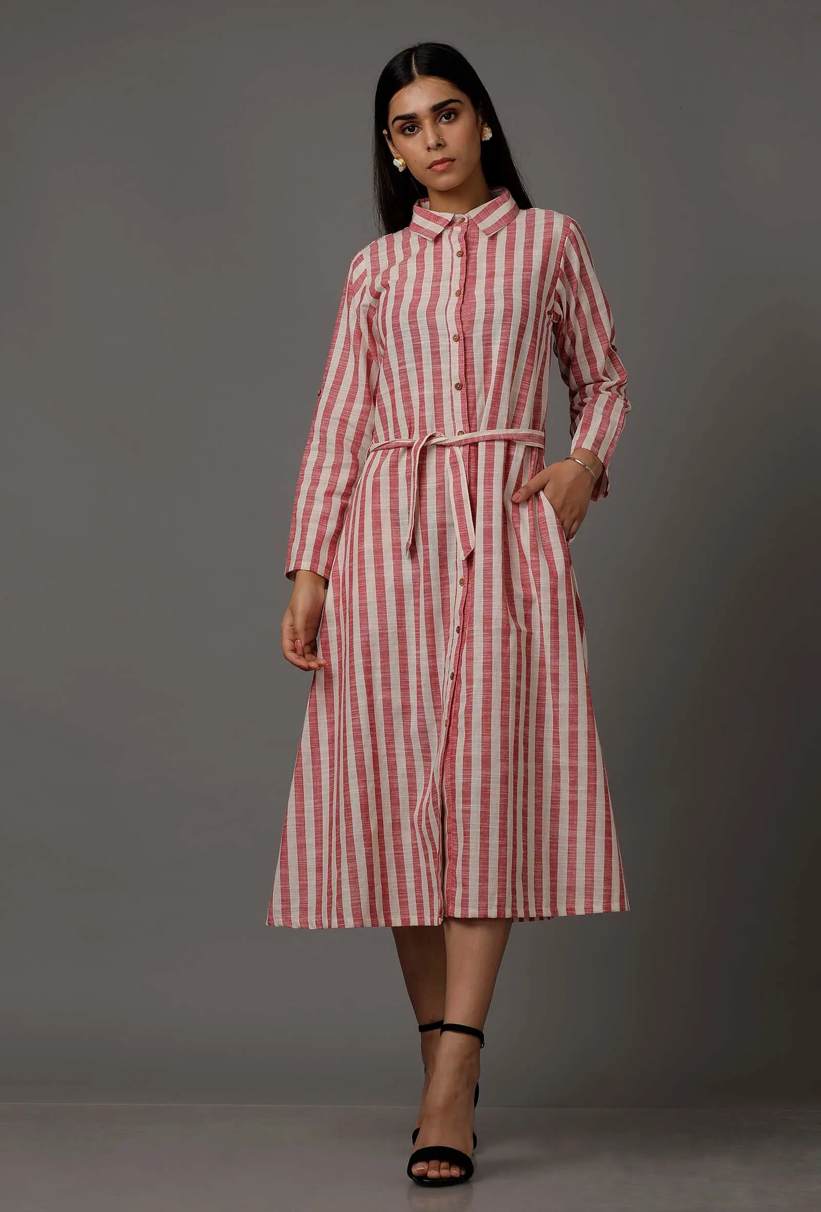 Red and White Stripes Pure Woven Cotton Dress