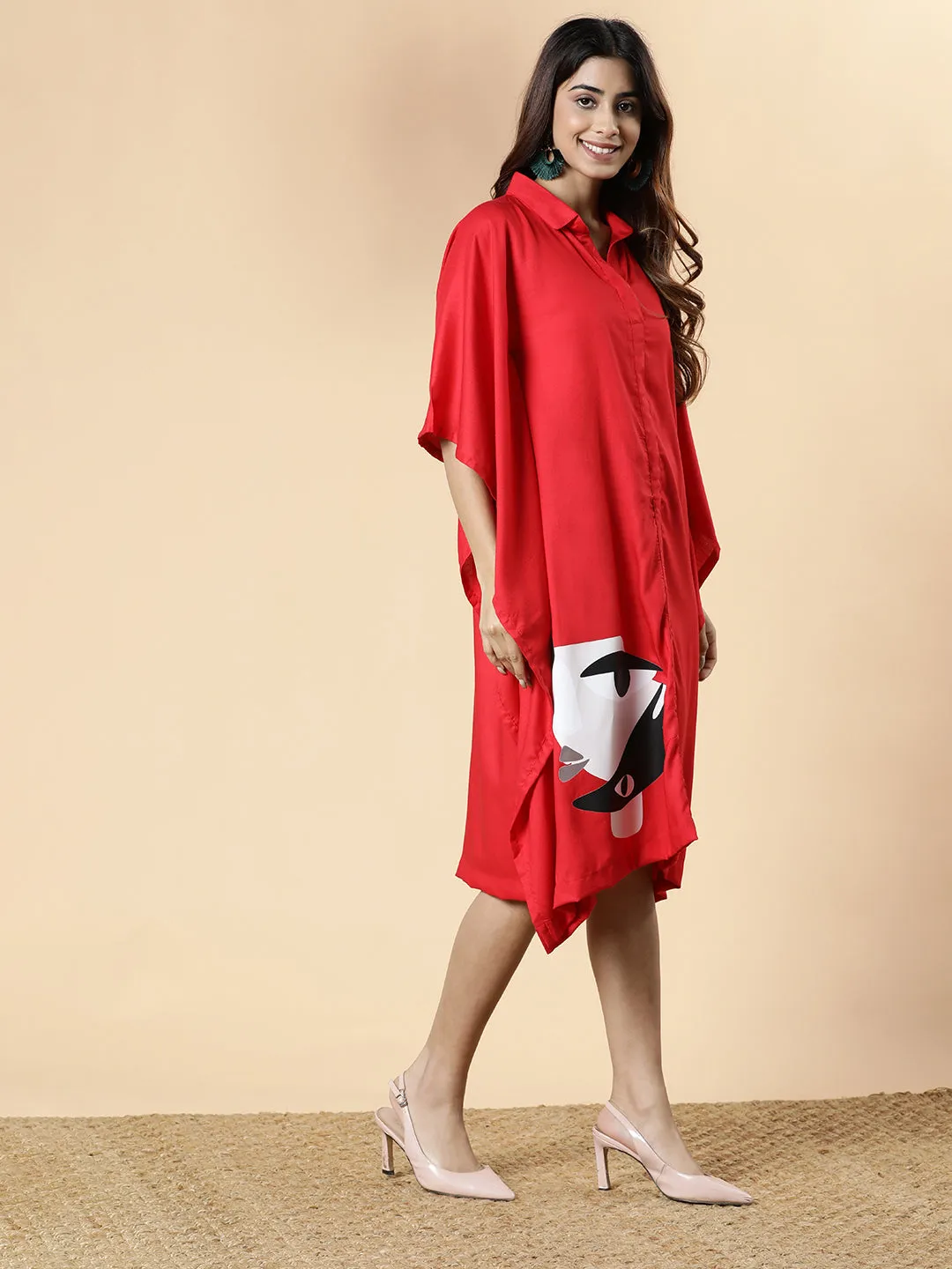 Red Rayon Shirt-Kaftan - Abstract